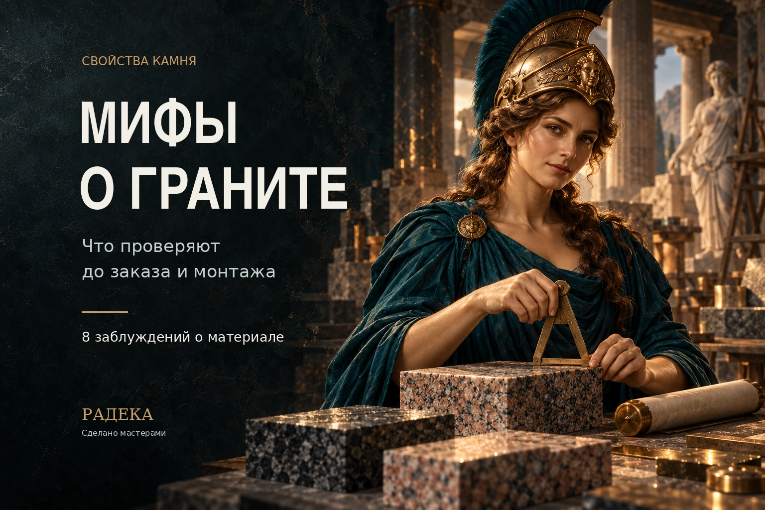 Афина рассматривает образцы гранита с измерительным инструментом — иллюстрация к статье о свойствах камня.