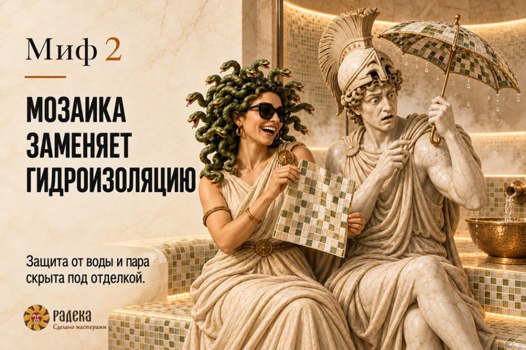 Medusa shows a sample of mosaic while marble Perseus hides from drops under a mosaic canopy.