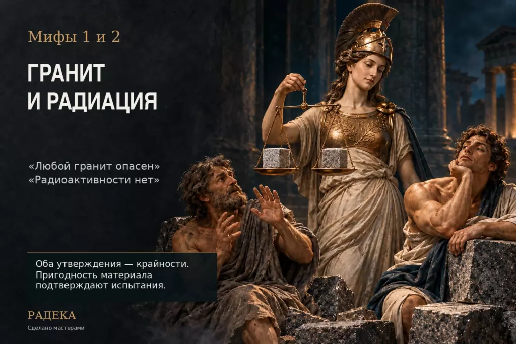 Афина с весами и образцами гранита между двумя спорящими героями — аллегория двух мифов о радиоактивности.