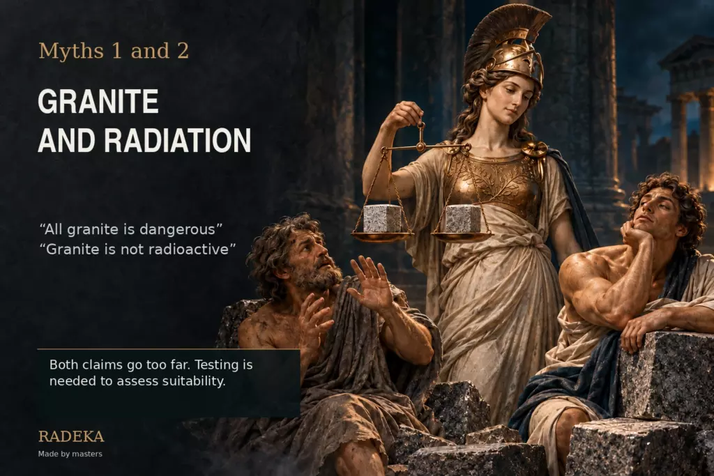 Athena holds scales beside granite samples between two arguing figures — an allegory of opposing myths about radioactivity.