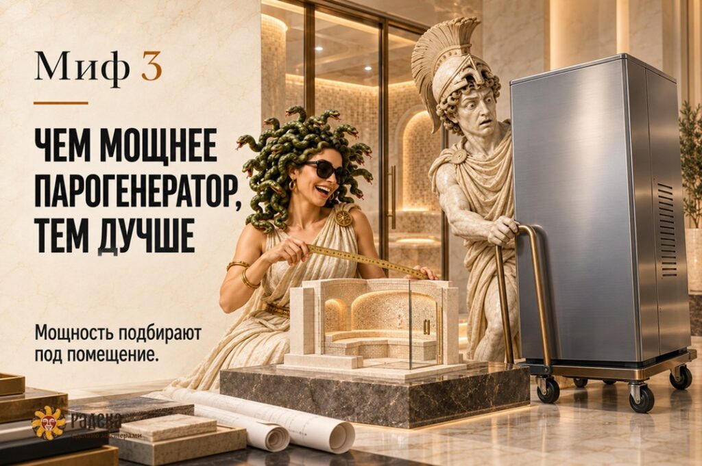 Medusa measures the hammam model next to Perseus and an exaggeratedly large steam generator on a cart.