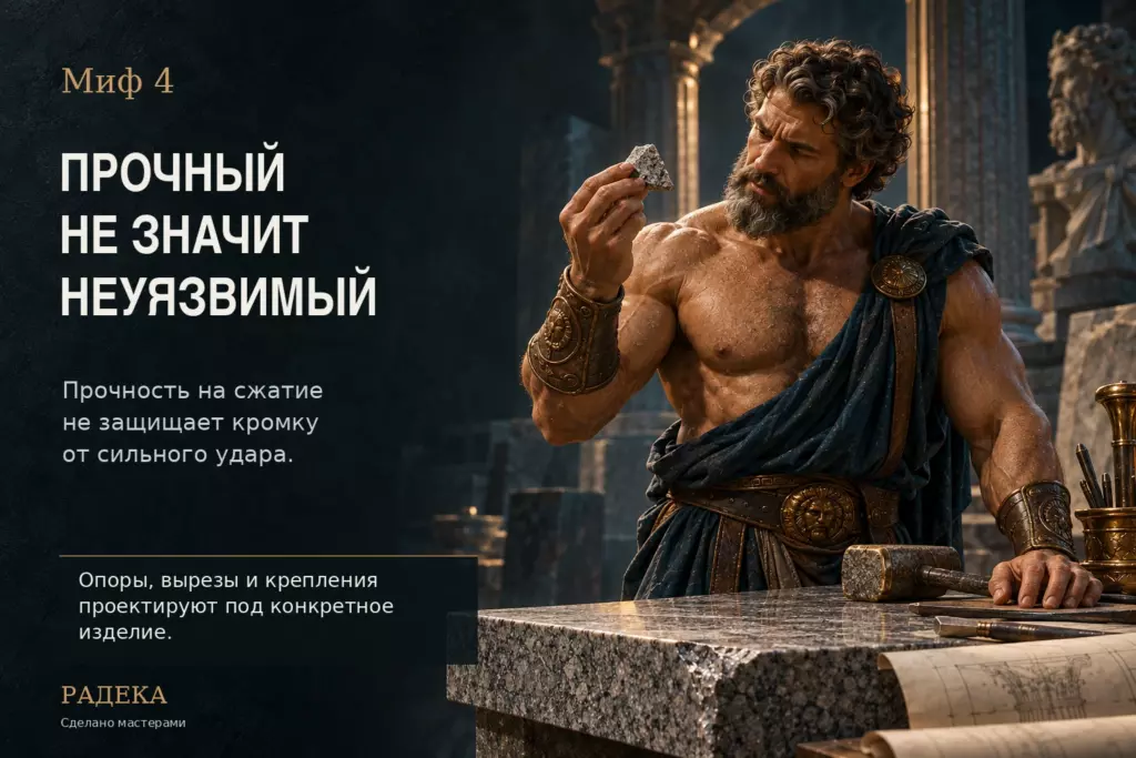 Геракл рассматривает отколовшийся фрагмент рядом с гранитной плитой со сколом на кромке.