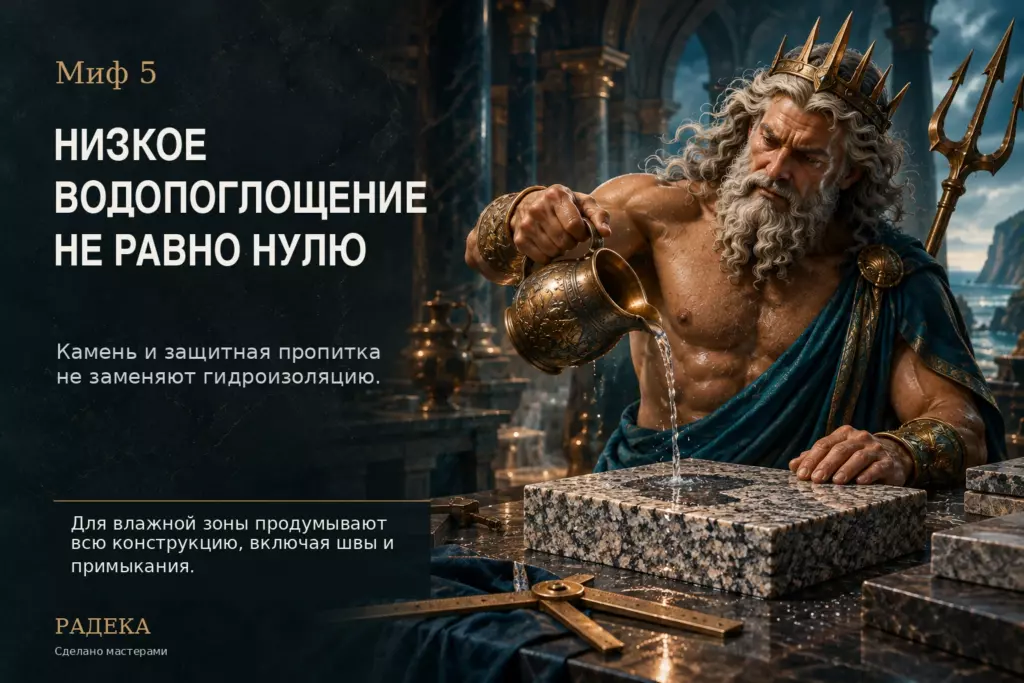 Посейдон льёт воду на гранитный образец — иллюстрация к объяснению водопоглощения камня.