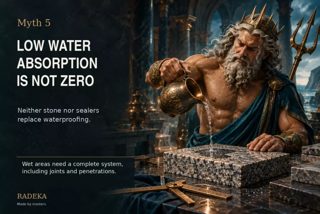 Poseidon pours water onto a granite sample — an illustration of water absorption in natural stone.