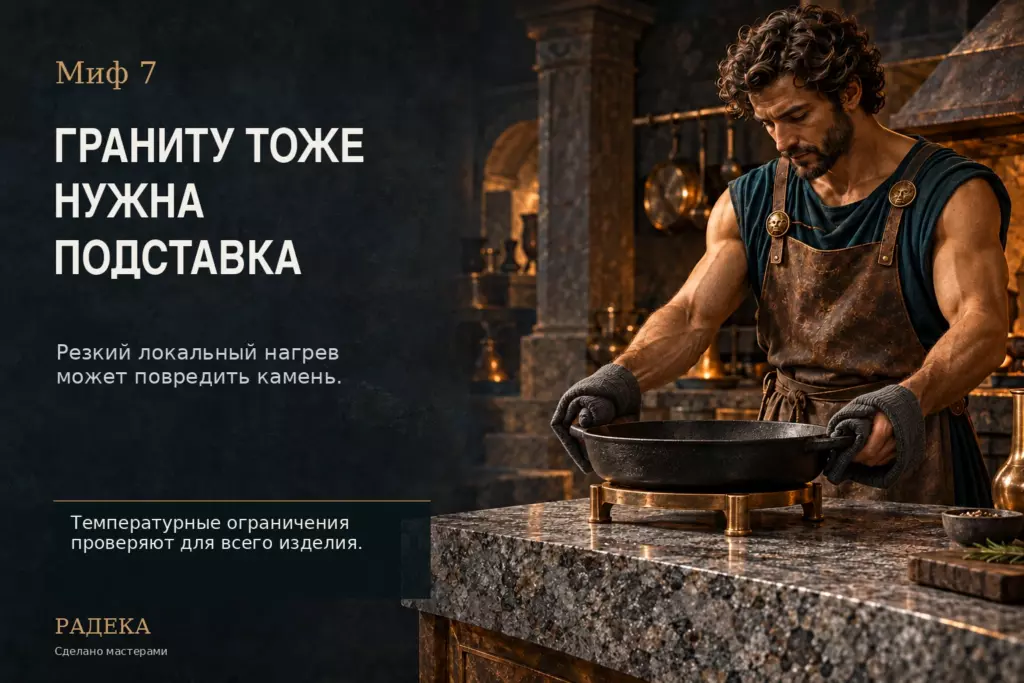 Гефест через тканевые прихватки ставит чугунную сковороду на подставку над гранитной столешницей.