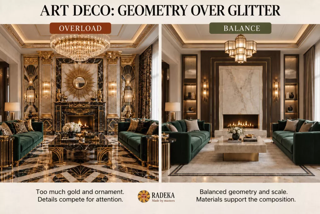 Comparison of Art Deco interiors: on the left, an excess of gilding and ornaments; on the right, a balanced composition with a marble fireplace.