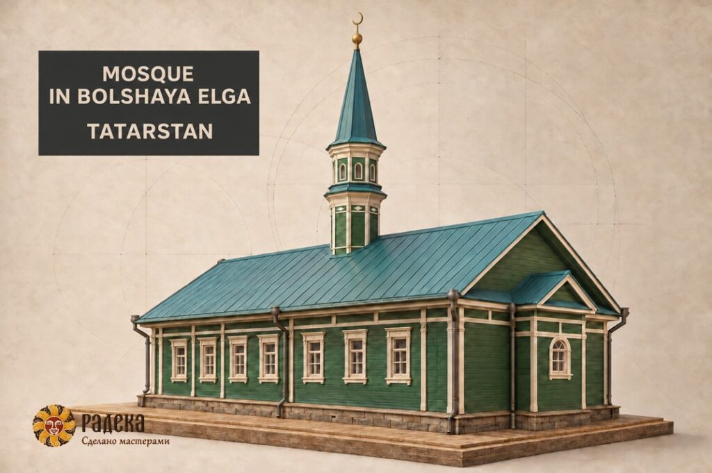 Illustration of the wooden mosque in Bolshaya Elga, with a minaret rising above its long gabled roof.