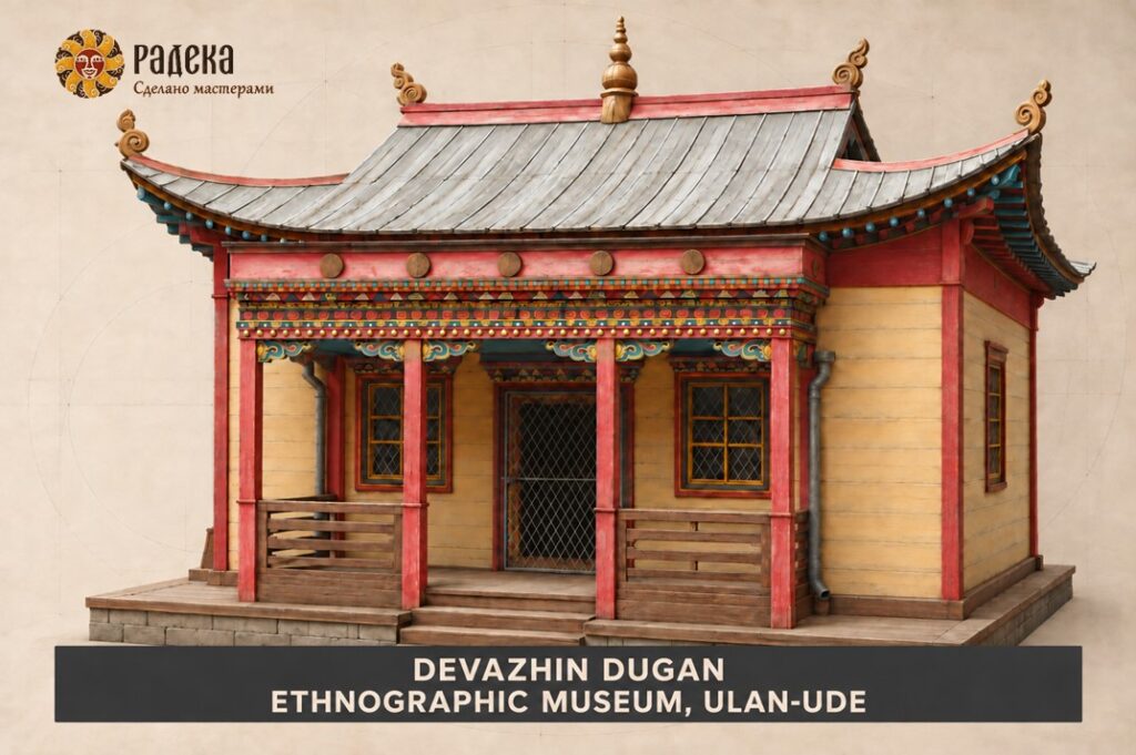 Illustration of Devazhin Dugan with a hipped roof, upturned corners, wide eaves and a richly decorated entrance.