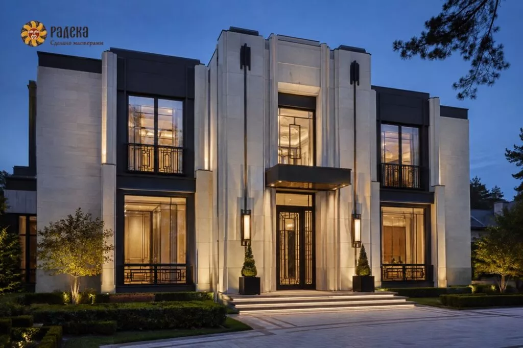 Facade of a two-story Art Deco house with light stone cladding, vertical projections, and geometric railings.