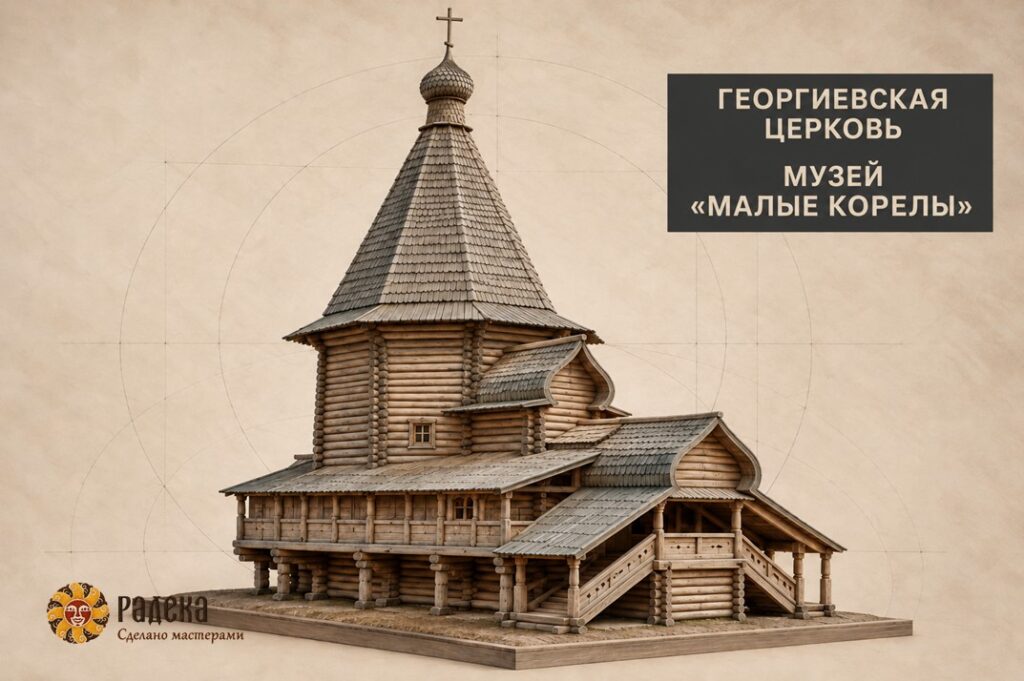 Художественная модель Георгиевской церкви из Вершины с восьмигранным срубом и высоким деревянным шатром.
