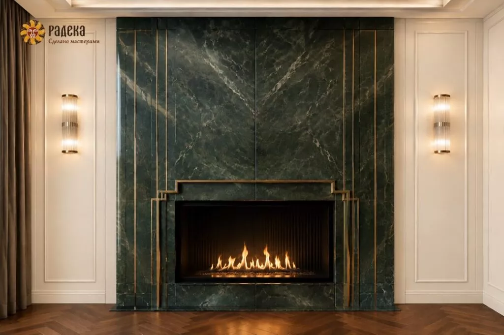 Fireplace in Art Deco style with green marble cladding and stepped brass details against light walls.
