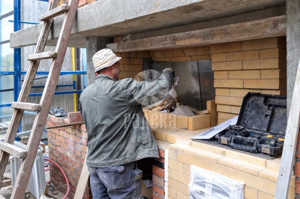 Worker inside the brick barbecue firebox during installation.
