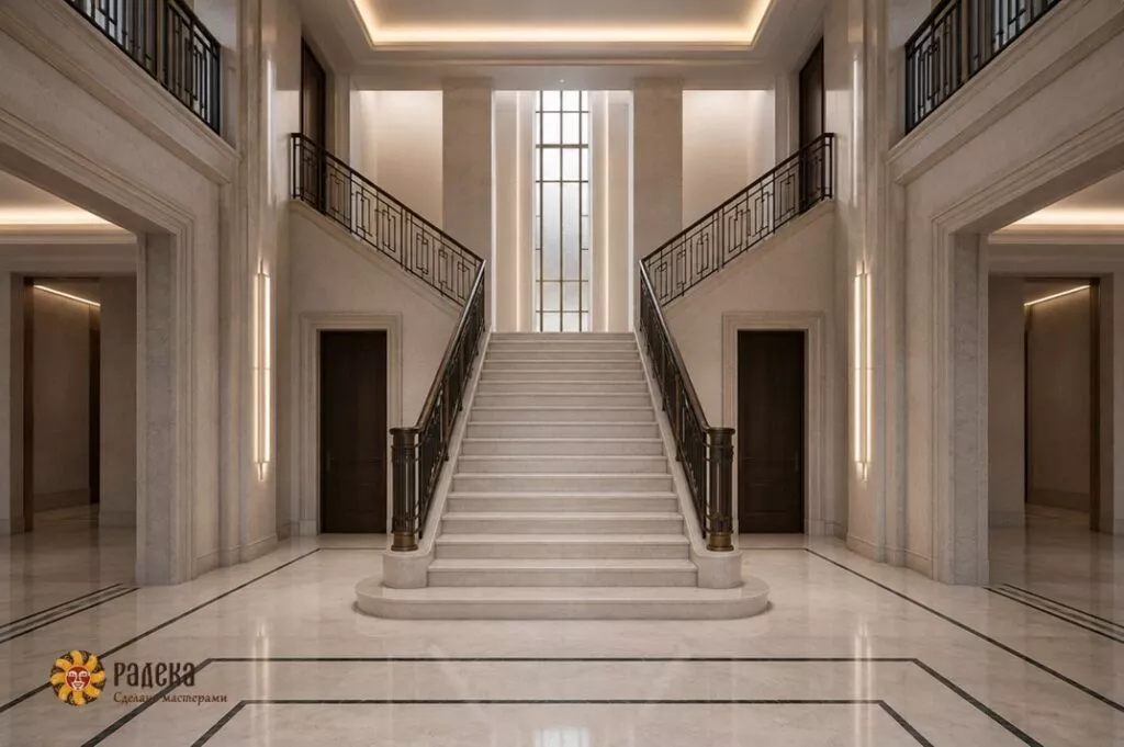Symmetrical hall in Art Deco style with a light stone staircase, metal railings, and a high central window.