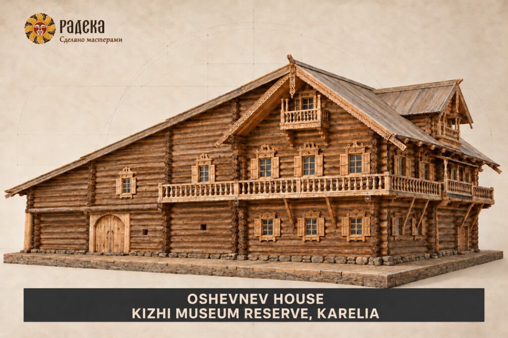 Illustration of Oshevnev House at Kizhi, with a shared asymmetrical roof over its living quarters and utility areas.